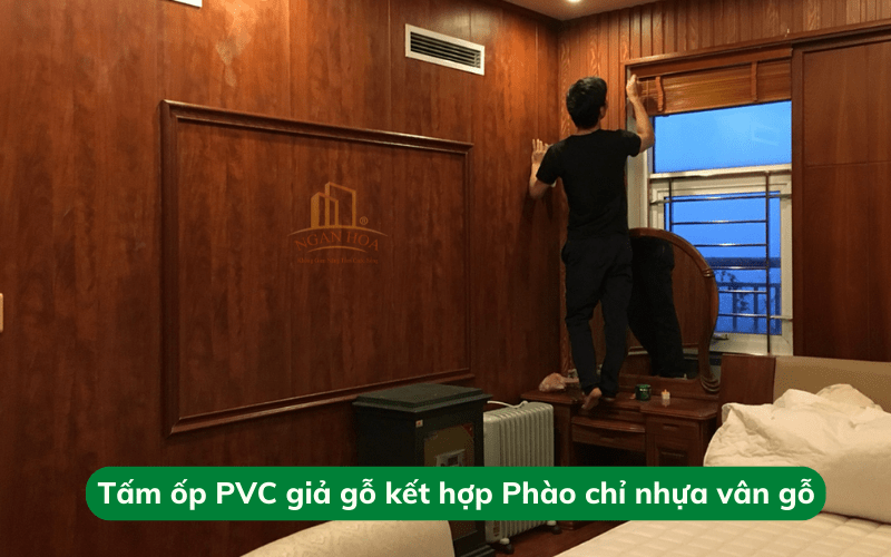 Một số hình ảnh thi công Tấm ốp PVC giả gỗ kết hợp Phào chỉ nhựa vân gỗ tại Ngân Hoa